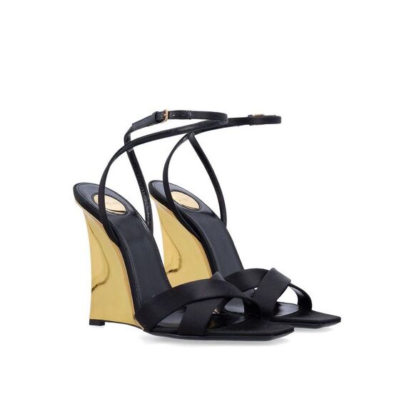 SAINT LAURENT Women's Metallic Sculpted Wedge Sandals Women BLACK - Picture 2 of 4